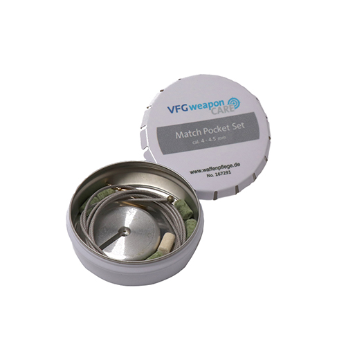 MATCH POCKET SET fra VFG er ideell for CO2- og luftpistoler, designet for å rengjøre presisjonsvåpen enkelt og skånsomt uten skade.